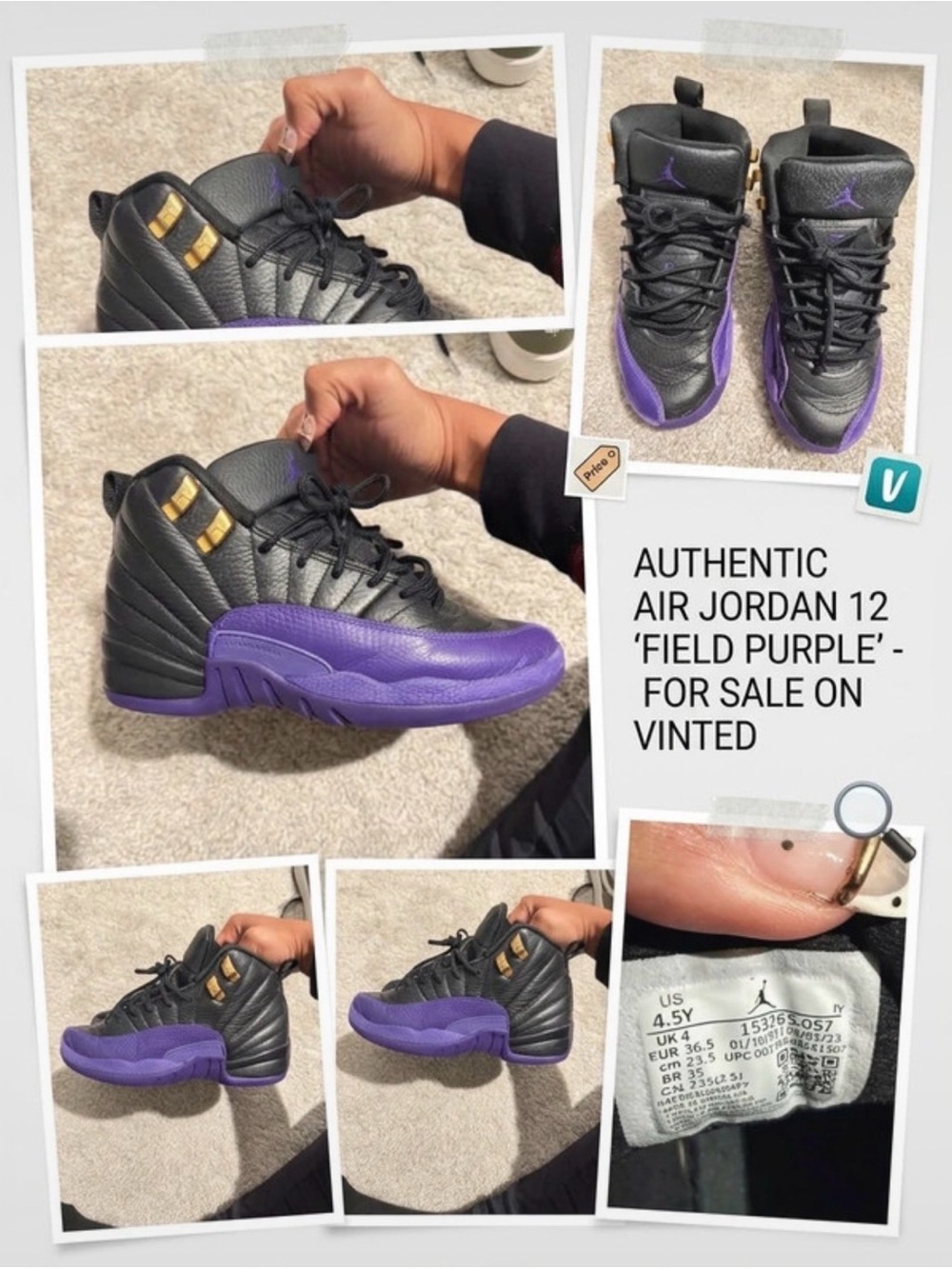 Jordan Kids' 12 Retro Sneakers - Black, Purple & Gold Accents